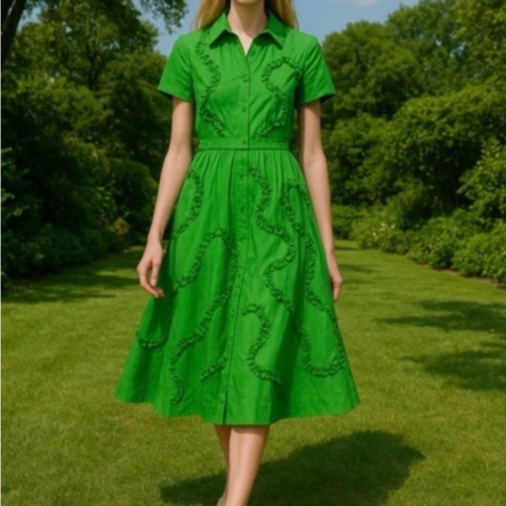 kate spade Emerald Green Ruffle-Trim Midi Shirt Dress